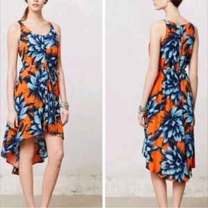 Anthropologie Maeve Sunset Hibiscus Dress-Orange Blue Floral Hi-Lo-Size 4